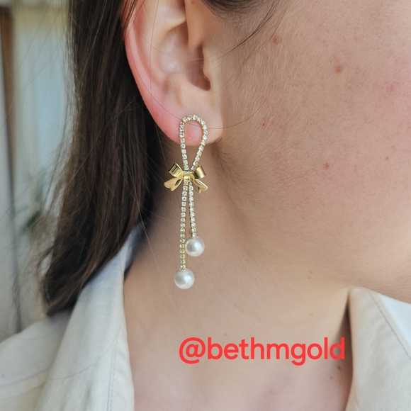 Gold Bow Pearl Dangle Earrings - Picture 10 of 14